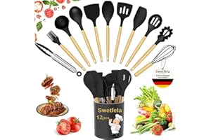 Swetfela 12 Pezzi Utensili Cucina,Utensili Cucina Silicone con Manico in Legno,Resistente al Calore Antiaderenti Utensili da Mestoli Cucina Silicone,Qualità e Manici in Legno