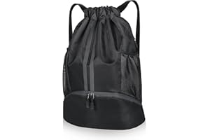 Benxdara Waterproof Drawstring Gym Bag, Breatheable Drawstring Backpack Gym Sack with Shoe Compartment, 2 Mesh Side Pockets and Insided Separation Bag, Outdoor Swim PE Bag for Adults & Kids, Black