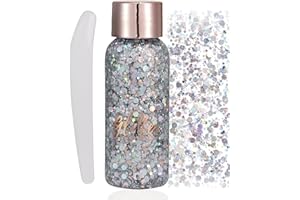 HAOUTDORY Gel de Purpurina para Cara y Cuerpo 50ml,Maquillaje Festival,Carnaval, Fiestas,Halloween,Gel Glitter para Ojos,Labios,Cabello,Piel,Brillo Sirena Plata