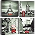 Artscope 4 Pieces Wall Art Canvas Prints - Red Cityscape with Eiffel Tower, Big Ben, Tower Bridge Picture Painting- Modern Wall Artwork Framed for Bathroom Home Office Decor - 30 x 30 CM