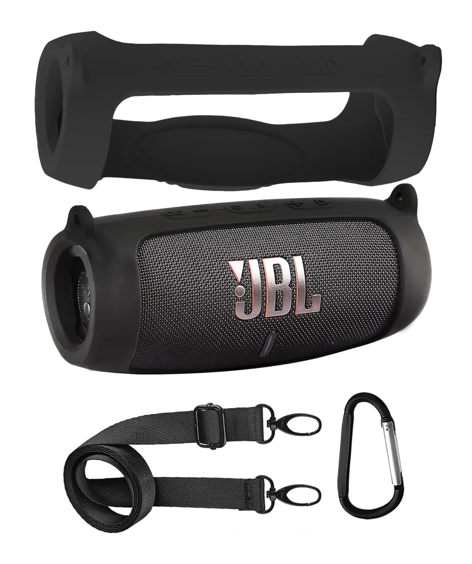 M.G.R.J® Portable Carrying Silicone Case Cover for JBL Charge 5 Wireless Portable Bluetooth Speaker with Shoulder Strap and Carabiner (Black)