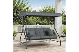 TLSUNNY 3-Seat Patio Swing Chair W/Adjustable Canopy & Backrest, Removable Seat Cushion, Convertible Porch Bed with Stand, 45° Adjustable Canopy, for Backyard, Poolside, Balcony, 750LBS