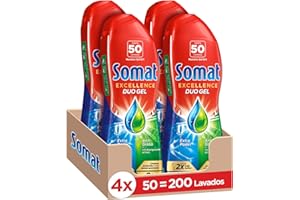 Somat Excellence Gel Anti-Grasa 50 Dosis (pack de 4, total: 200 lavados), detergente lavavajillas líquido automático en botella, jabón para platos con desengrasantes activos
