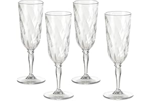 OMADA Design 4 Bicchieri Champagne in acrilico, Flutes per uso all'aperto, Lavabili in Lavastoviglie, Made in Italy, Linea Diamond, Trasparente