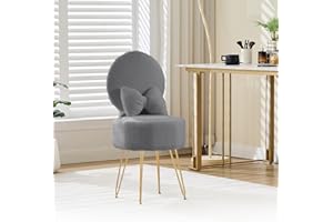 AffinityFurn Dressing Table Chair, Sherpa Fleece Vanity Chair with Stroage Space and Metal Legs, Makeup Vanity Stool with Pillow & Foldable Backrest, Accent Chairs for Bedroom Makeup, Grey