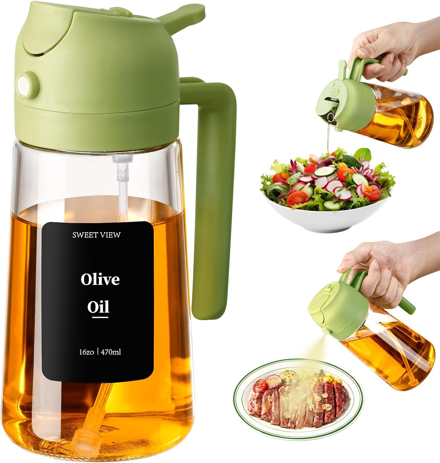 SWEET VIEW 470ml 2 en 1 Dispensador de Aceite y Pulverizador de Aceite, Vertedor Dispensador de Aceite de Oliva para, Cocina, Cocinar,Freidora de Aire,Ensalada, Barbacoa (Verde)