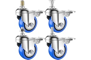Deutnart Schwerlastrollen mit Gewinde, 75mm möbelrollen Gewindestift M10×25mm, Geräuschlose Rollen für Möbel, Lenkrollen mit Bremsen zum Transport, Belastung bis zu 300KG für Möbel Ausrüstung (Blau)