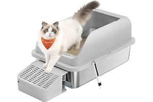 Feandrea Kuweta dla kota ze stali nierdzewnej, otwarta konstrukcja, z wysokimi bokami, stopniem, łopatką i szczotką, dla kotów o wadze do 15 kg, w kolorze gołębiej szarości PPT008GD01