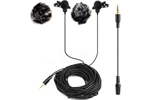 Nicama 6M Microfono Lavalier a Doppia Testa con Antivento, LVM2 Microfono a Condensatore per Fotocamera Canon Nikon Sony iPhone iPad Smartphone Registratori Audio PC
