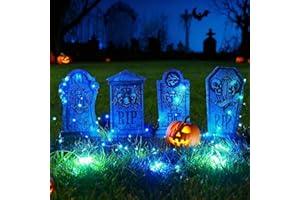AOMANTIC SARL Halloween Grabstein Requisiten, 4 Stück Wasserdichtes Halloween Grabsteine Deko mit 8 Stück Lichterkette, Den Außenbereich gruselige Grabsteine, für Garten Dekoration