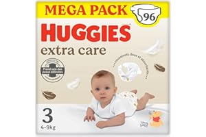 HUGGIES Extra Care - Couches bébé Taille 3 (6-10kg) - Pack de 96 couches - extra doux - barrières anti fuite - facile à changer - hypoallergénique et testé dermatologiquement - avec des motifs Disney