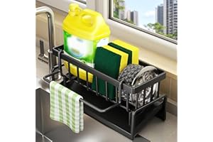 MIHURO Kitchen Sink Organiser Sink Caddy Stainless Steel Sink Organiser with Self-Draining Drain Tray, Multifunctional Kitchen Sink Caddy for Sponge Dish Cloth and Bathroom (Black)