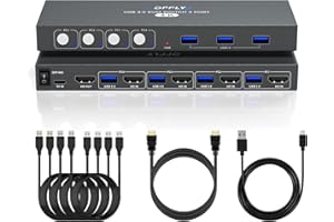 BDFFLY Commutateur KVM HDMI USB 3.0 4 PC 1 Moniteurs avec 3 Ports USB, 4K@60Hz pour 4 Ordinateurs Partageant Moniteurs et Clavier Souris, Prend en Charge le Contrôle des Boutons, Compatible EDID