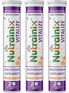 Nutrainix Vitalize Multivitamin Supplement - One Daily - 21 Vitamins and Minerals - Natural Beetroot Extract for Men and Women - 60 Effervescent Tablets - Orange Flavour