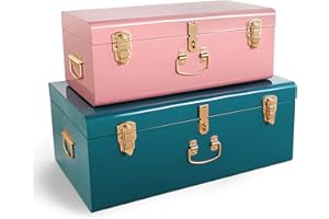 Beautify Storage Trunks, Set of 2 Pink & Teal Stainless Steel Storage Chests w/Gold Detailing, Stackable Bedroom Chest Organiser w/Lockable Lids, Sturdy Multi-Purpose Bedding, Blanket & Toy Box