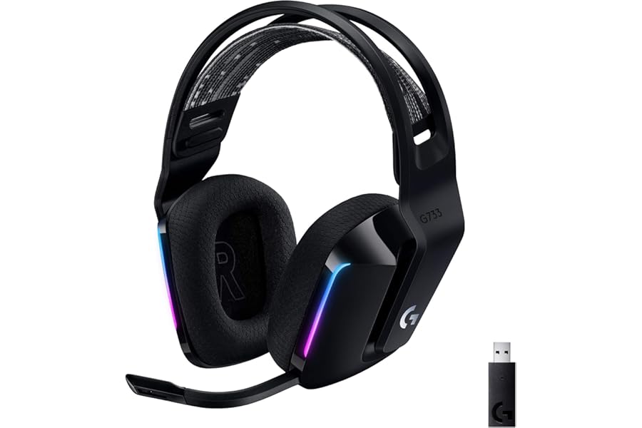 Logitech G 733 LIGHTSPEED Wireless Gaming Headset with Hanging Headband, LIGHTSYNC RGB, Blue VO!CE Microphone Technology and PRO-G Audio Driver - Black