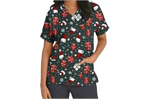 Keepink Scrubs Tops for Women UK Christmas Nurse Shirts Funny Xmas Santa Claus Print Jumpers Loose Tunic Short Sleeve Uniform Top V Neck Dressy Shirt Pockets Practical Caregiver Workwear