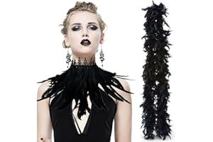 YEWCEP Featherboa Schwarz, Frauen Hals Federn Schwarz, Maleficent Kostüm Damen,Retro Feder Manschette Spitze Flügelhals, Gotische Mesh Hals Karneval Kostüm Rollenspiel Party Zubehör