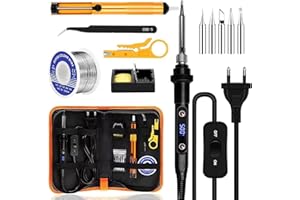 AONAT Fer à Souder Set, Electronique De Precision Kit 80W Température Réglable 180-520°C Fer A Souder avec interrupteur ON/OFF, 5 Conseils de soudage, Pompe à Dessouder, Support, Pincettes