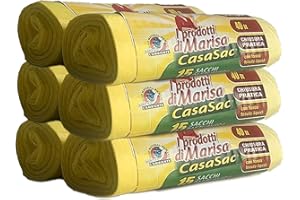 I PRODOTTI DI MARISA CSC - Sacchetti Spazzatura 40L con Maniglie, 90 Pz, Sacchi Spazzatura 55x65cm per Pattumiera Sottolavello, Buste Spazzatura per Raccolta Differenziata Interno Antigoccia e Antiforo - 6 Rotoli, Giallo
