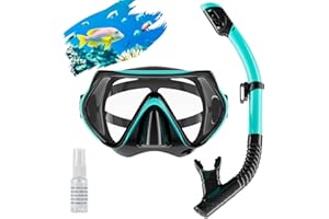FULYBAO Snorkel Set Adults, Scuba Snorkelling Packages with 180° Panoramic Anti-Fog Tempered Glass Snorkel Mask, Leak Proof Dry Top Snorkel for Snorkeling Diving Swimming with Anti Fog Spray
