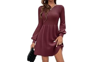 Zeagoo Jumper Dress Women Knitted Dresses Puff Sleeve Round Neck Sweater Dress Elegant High Waist A-Line Mini Dress