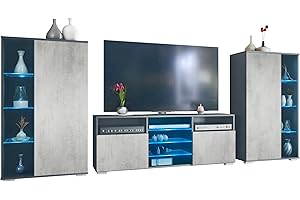 Vladon Wohnwand Davos, Anbauwand bestehend aus 2 Vitrinen und 1 TV-Board, Anthrazit matt/Beton Oxid Optik inkl. LED-Beleuchtung (329 x 134 x 35 cm)