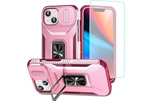 Wanyuexes Hülle für iPhone 15, Heavy Duty Kickstand mit Schutzfolie, Kameraschutz Kartenschlitz, Rotatable Ring 360° Metall Ring Ständer Stoßfest, Shockproof Handyhülle für iPhone 15 Einen Rosa