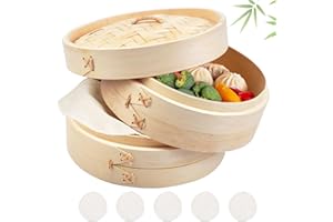 QUOTRE 2 Livello Vaporiera in bambù, 20cm Cestello Cottura a Vapore Bambu con Coperchio e 5 Pezzi Panno Vapore per Vapore Gnocchi di Verdure a Dim Sum