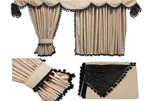 Adomo LKW Gardinen passend zum DAF XF 106 in beige mit schwarzen Pompoms/Kugel