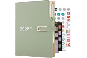 HOLDERZWU Academic Diary 2026 A5 Day to Page,Schedule Organizer with Calendar Stickers, Agenda Diary Planner with Pen Holder and Pen,Premium Thicker Paper 14 X 21.5 cm (Green)