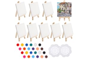 Halinuia 8 Stück Mini Leinwand mit Staffelei mit Acrylfarben & 2 Malpaletten Kreativset für Kinder Partyzeichnungen, Tischkunst & Bastelbedarf