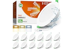 ALUSSO LED Downlights Ceiling Dimmable 10W 1050LM IP44 Recessed Ceiling Lights, 3CCT 3000K Warm 4000K Neutral 6500K Cool Adjustable Bathroom Spotlights, White, 12 Pack