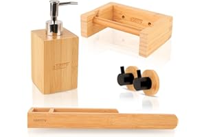 Biberty Accesorios baño Madera bambú, 5 Piezas con y sin Taladro dispensador de jabón, toalleros baño Madera, portarrollos Papel higienico Adhesivo, Colgador baño Adhesivo y dispensador jabón baño