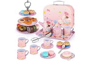 SOOTOUO Service à Thé pour Enfant, 35 Pièces Ensemble de Théière Cafetière, Jeux de Rôle Princesse Filles Jouet Cuisine Dinette avec Dessert et Boîte, Cadeau Anniversaire Noël Tout-petit Fille 3 4 5 6 7 8 Ans