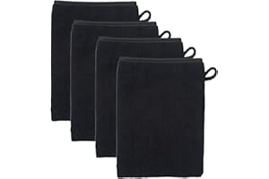XIASHENG Set di 4 Guanti da Bagno,13 x 20 cm Guanto Doccia con Gancetto Manopole Guanto Spugna Salviette in 100% Cotone,Lavette Viso Manopola in Spugna Morbida e Altamente Assorbente-Nero