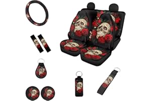Belidome 12 Stück Rose Skelett Auto Zubehör - Floral Skull Auto Sitzbezüge Lenkrad Sicherheitsgurt Abdeckung Untersetzer Schlüsselanhänger Chapstick Halter, Einheitsgröße