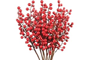FANGOO 10 Piezas Bayas Rojas de Navidad Artificiales, Tallos de Borgoña, Ramas de Acebo para Árboles de Navidad, Decoración del Hogar de Invierno