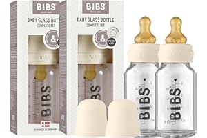 BIBS Szklana butelka dla niemowląt, 2 sztuki, 110 ml, antykolkowa, wentylowana, okrągła, naturalna guma, lateksowy smoczek, wspiera naturalne karmienie piersią, kompletny zestaw, 110 ml, kość słoniowa