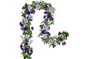 Floweroyal 2 Stück Blumengirlande Hochzeit Künstliche Blätter Girlande Rosengirlande 15.8FT Gefälschte Rosenranken Seidenblumen Hängend für Hochzeitsbogen Party Heim Garten Mauer Dekor （Violett）