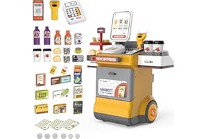 KalaDuck Carrello del Registratore di Cassa per Bambini, 48PCS Cassa Supermercato Giocattolo con Calcolatrice, Scanner, Soldi e Spesa Accessori, Negozio Giocattolo per Bambini Regalo (Giallo)