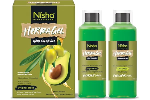 Nisha Herba Gel Hair Colour Gel, Original Black 1 Litre No Ammonia, No Stain, Non-Drip Vegan Formula Permanent Hair Colour & Hair Dye 100% Grey Coverage & Long-Lasting Shine