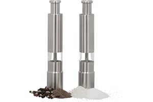 Relaxdays Pfeffermühle 2er Set manuell, Edelstahl, handlich, Gewürzmühlen, f. Reisen, unterwegs, per Daumendruck, silber