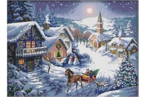 CUKOL CUKOL Cukol Kit Punto Croce Prestampato Natale, Disegni Punto Croce Kit da Ricamare Quadri Quadro Scena Neve, Kit Ricamo Ricami Punto Croce Completo Stampati Prestampati Schemi per Principianti Bambini Set