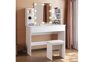 SIRHONA Coiffeuse avec Miroir LED et Tabouret, 108x40x140cm,Table de Maquillage avec 1 Grand Tiroirs et 4 Étagères de Rangement, Luminosité de L'ampoule Réglable, Style Moderne en Bois