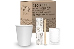 cubex professional Kit Caffè 450 Pezzi Formato da 150 Bicchierini in Cartoncino riciclabili da 75 ml, 150 Bustine di Zucchero e 150 Palettine in Legno 9 cm