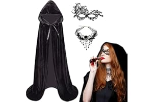KYOEOE Halloween Umhang Damen mit Maske & Halskette,3er Samt Schwarzer Umhang mit Kapuze Set 140/150cm Halloween Kostüm Vampir Umhang Schwarz Cape Mantel für Halloween Karneval Cosplay Party Maskerade