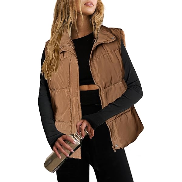 Outdoor Ventures Gewatteerd vest met capuchon voor dames, opvouwbaar overgangsvest, gevoerd hybride sportvest, warm fietsvest met opstaande kraag, voor wandelen, kamperen, lichtkaki, M