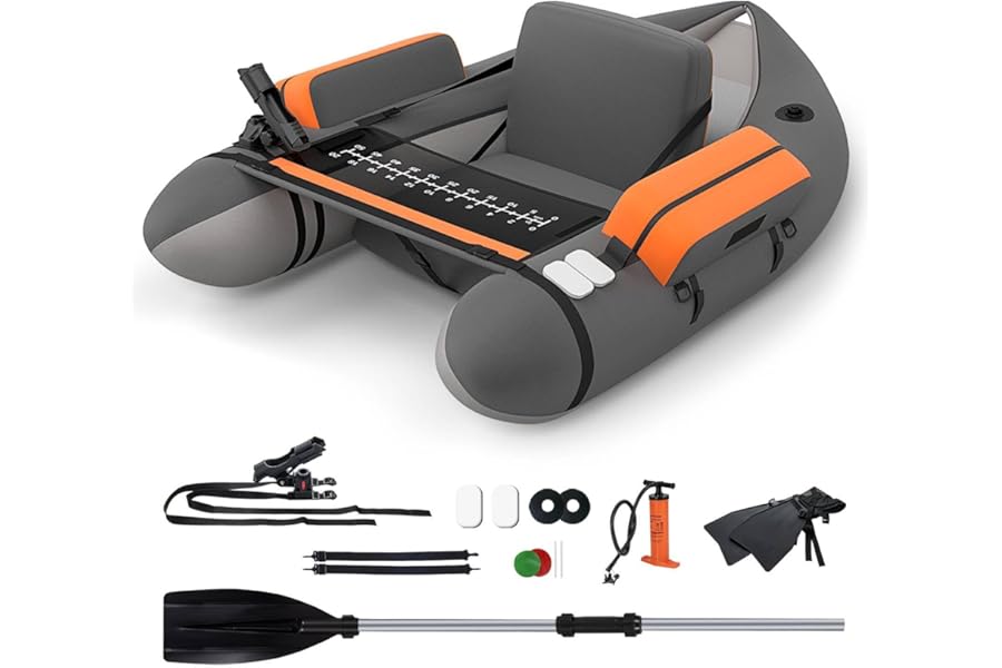 SPOTRAVEL Inflatable Fishing Float Tube, Fishing Boat with Pump, Adjustable Straps, Paddle, Rod Holder & Flippers, 150KG Load Capacity Fly Fishing Belly Boat