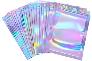 BLULU 100 Pieces Resealable Smell Proof Bags Foil Pouch Bag Flat Bag for Party Favor Food Storage- Size: 7.6 x 10.1 cm, Holographic Color